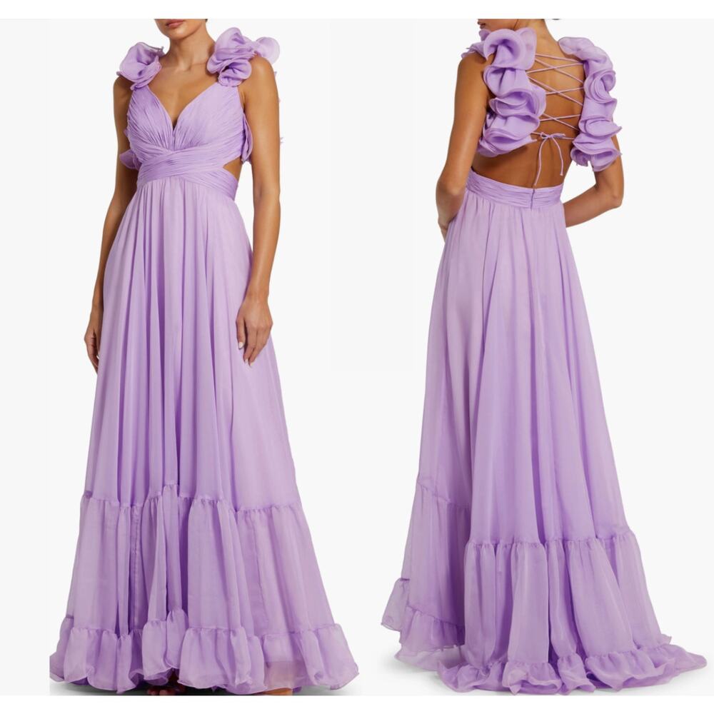 Mac Duggal Ruffle Tiered Floral Cut Out Chiffon Gown Lilac Purple Size 8 NWT